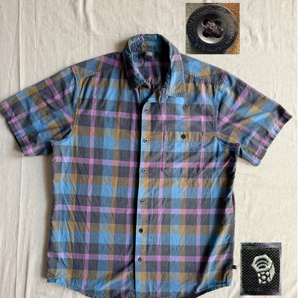Mountain Hardwear Shirt Men's Medium Short Sleeve Button Up Hiking Cotton Plaid